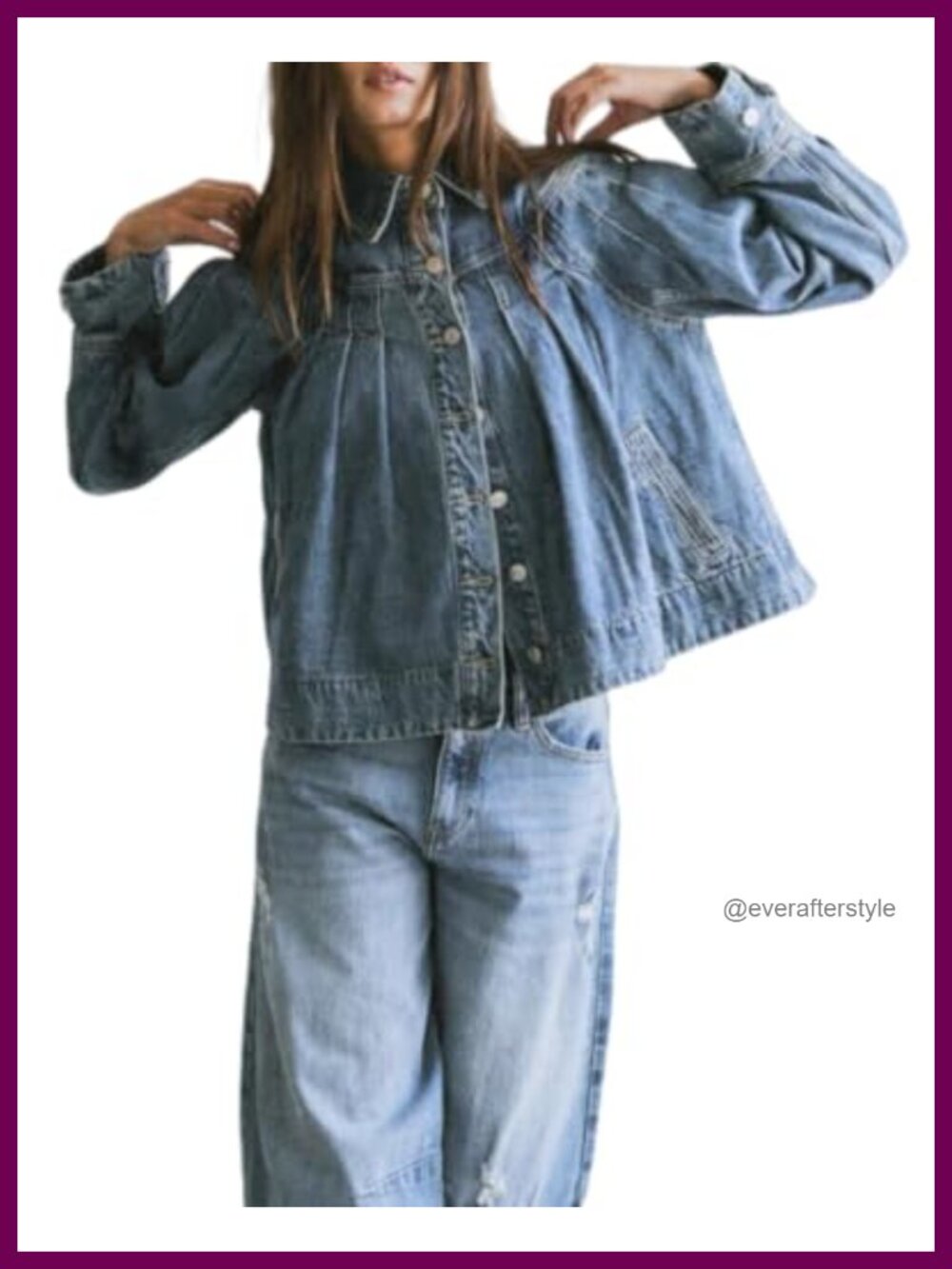 Denim Cropped Jacket Long Sleeve Button Down Pleated Jean Jacket with Pockets